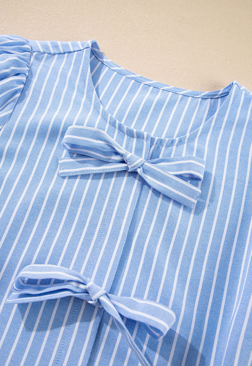 Sky Blue Striped Bowknot Detail Puffy Sleeve Top and Shorts 2Pcs Set